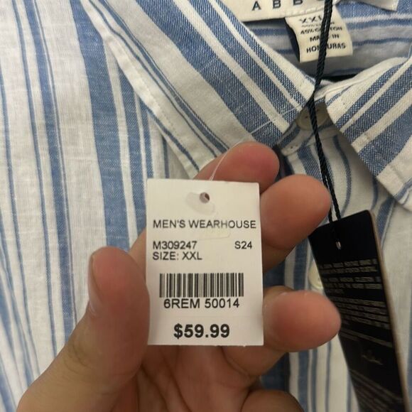 NWT Joseph Abboud Mens Blue White Stripe Linen Cotton Button Up Shirt Size XXL - Picture 5 of 7